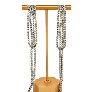 Silver Toned Box Chain Dangle Earrings with Rhinestones